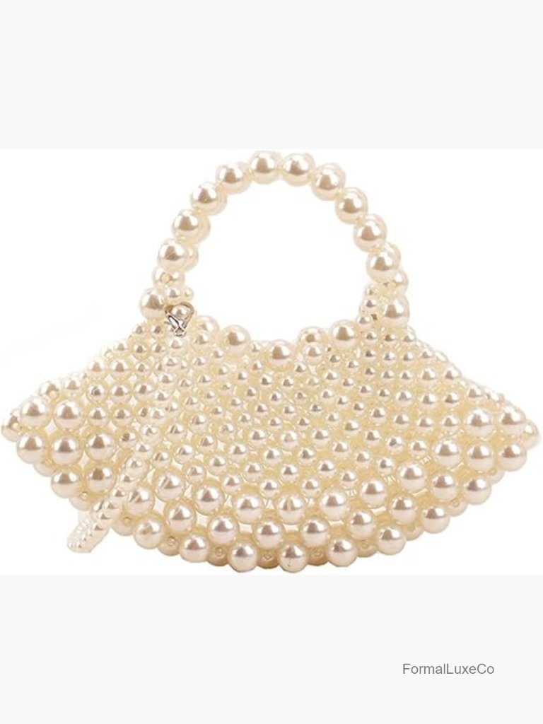 Acrylic Pearl Beaded Clutch Purse With Kiss Lock, Crossbody Handle Bag